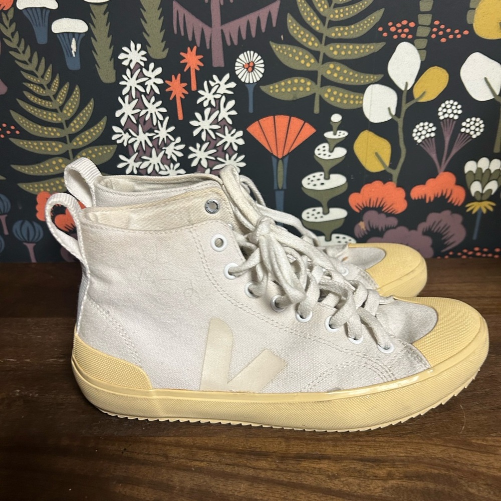 Veja High-Top Sneakers in Cream and Tan